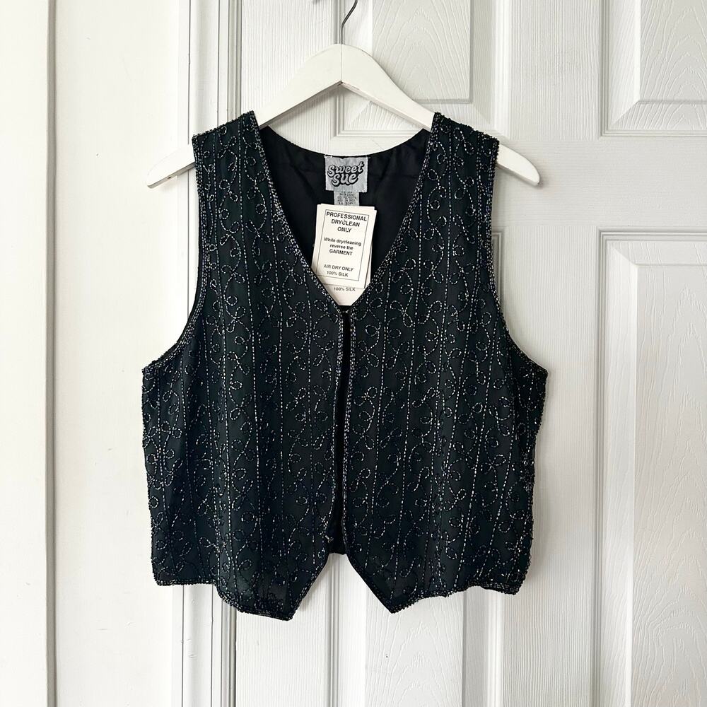 Sweet Sue NWT Deadstock Black Iridescent Swirl Embellished Beaded  Silk Vest L